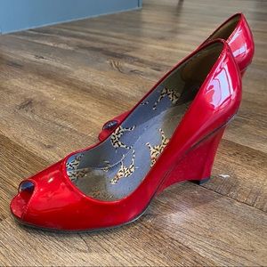 Stuart Weitzman Red Open Toe Wedge Pumps